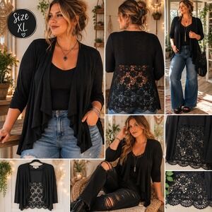 Greige Cardigan XL Boho Floral Lace Back Open Front Black Long Sleeve